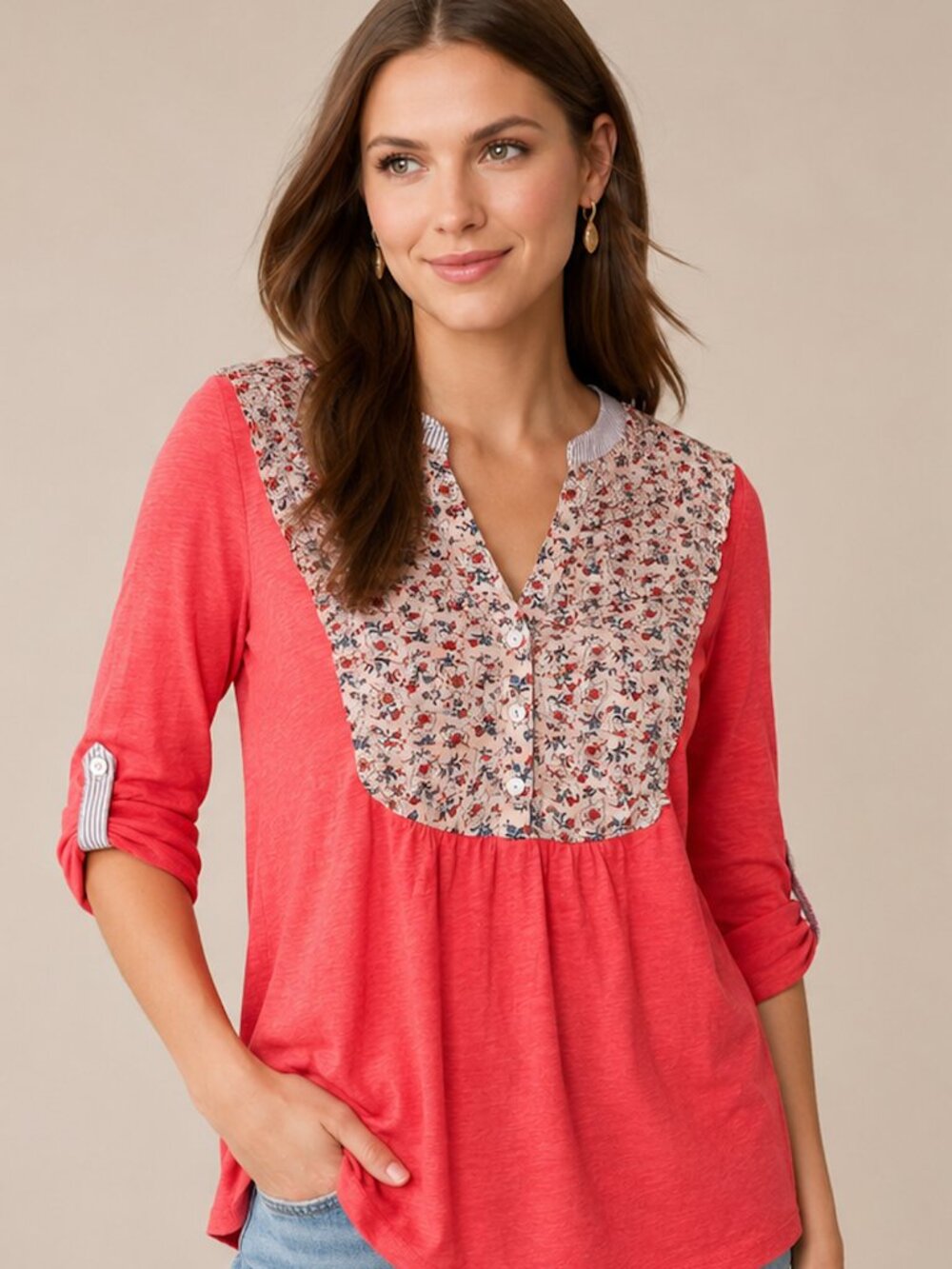 Deletta Anthropologie Floral Henley Top Pink Coral Roll Tab Sleeve L